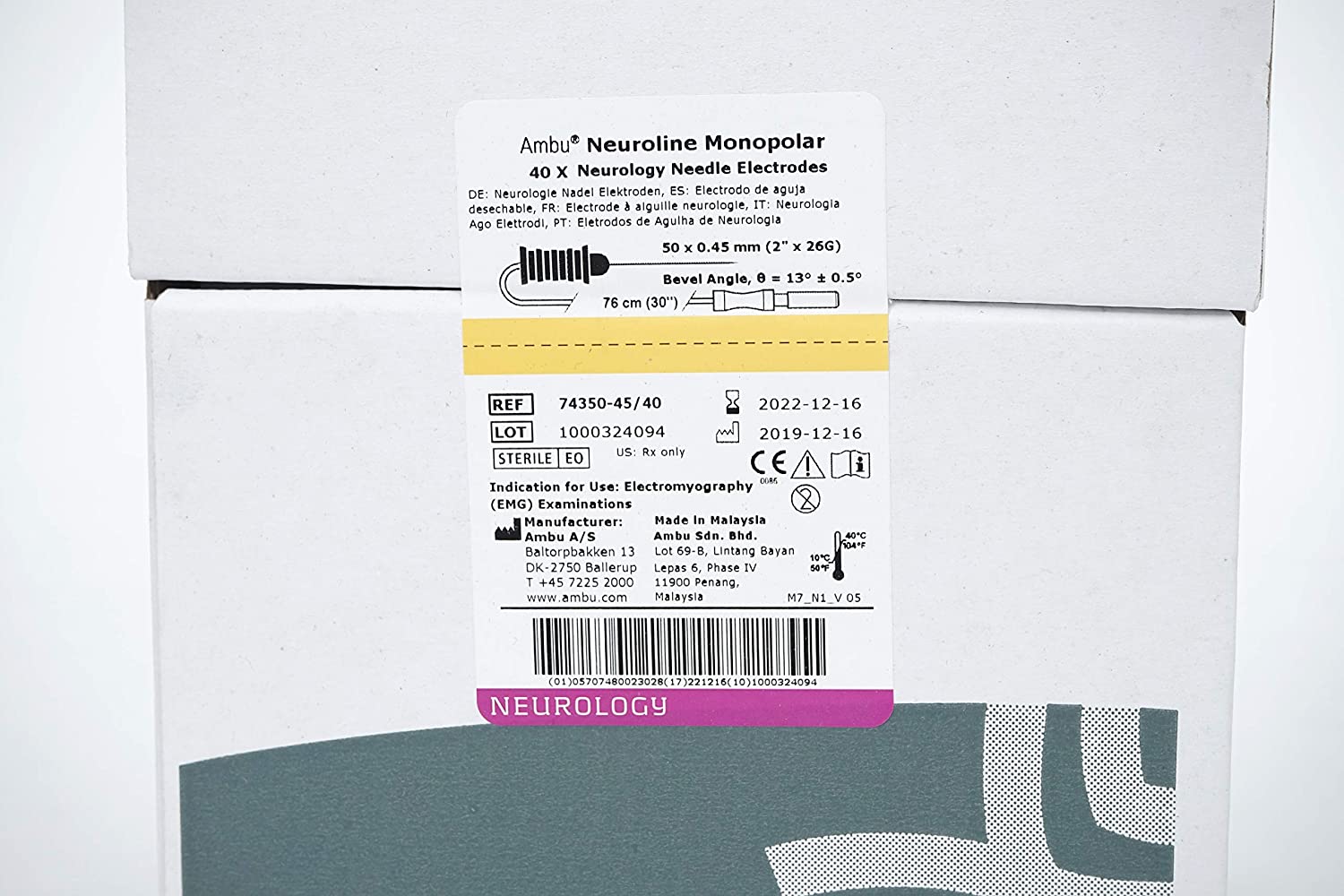 Aguja Monopolar / AMBU Neuroline / 38x0.36mm / 28G / Verde Claro / Caja 40 uds.