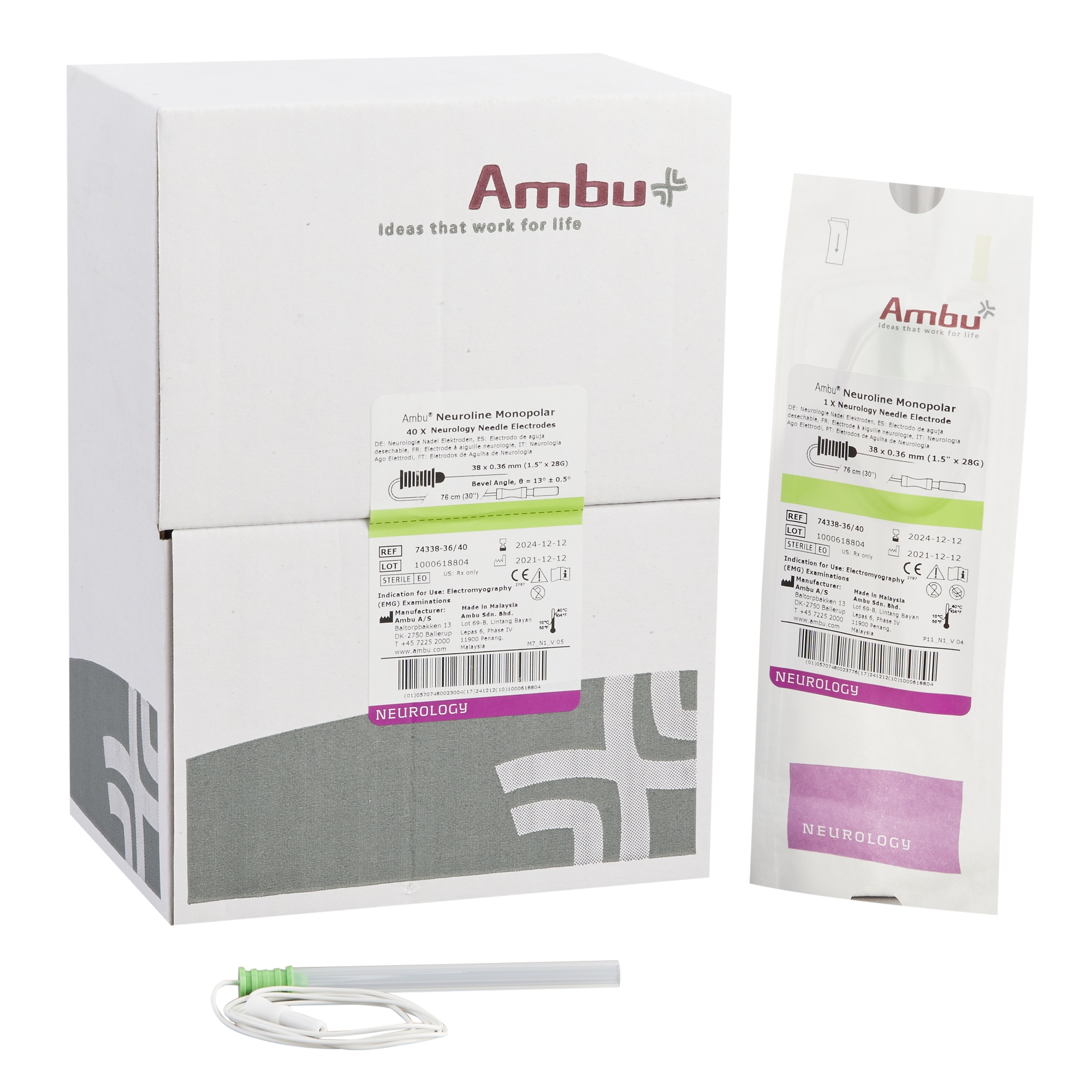 Aguja Monopolar / AMBU Neuroline / 38x0.36mm / 28G / Verde Claro / Caja 40 uds.
