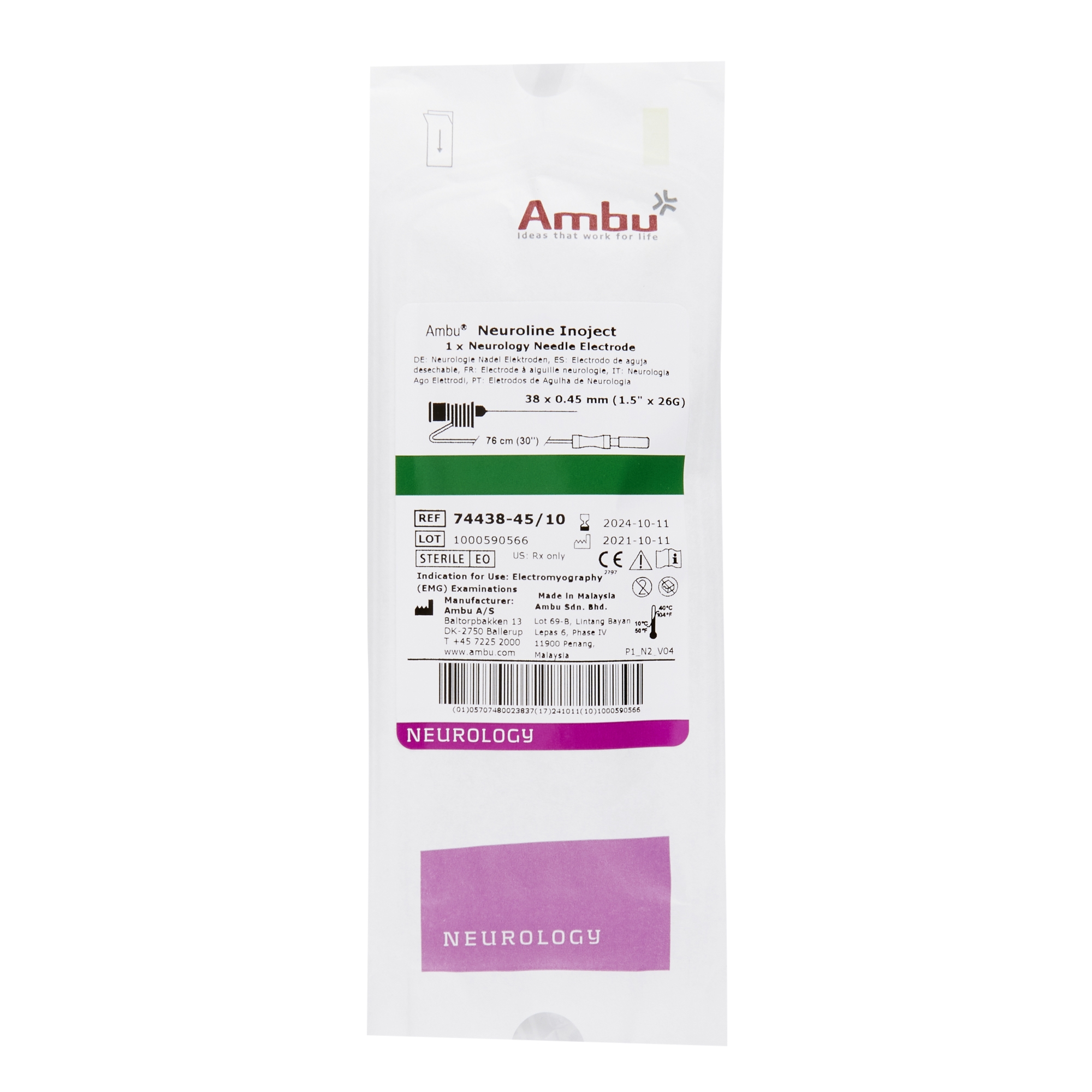Aguja Inoject / AMBU Neuroline / 38x0.45mm / 26G / Verde / Caja 10 uds.